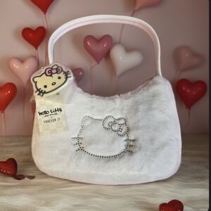 Hello Kitty Forever 21 Deadstock Rhinestone Furry White Handbag & Charm NEW
